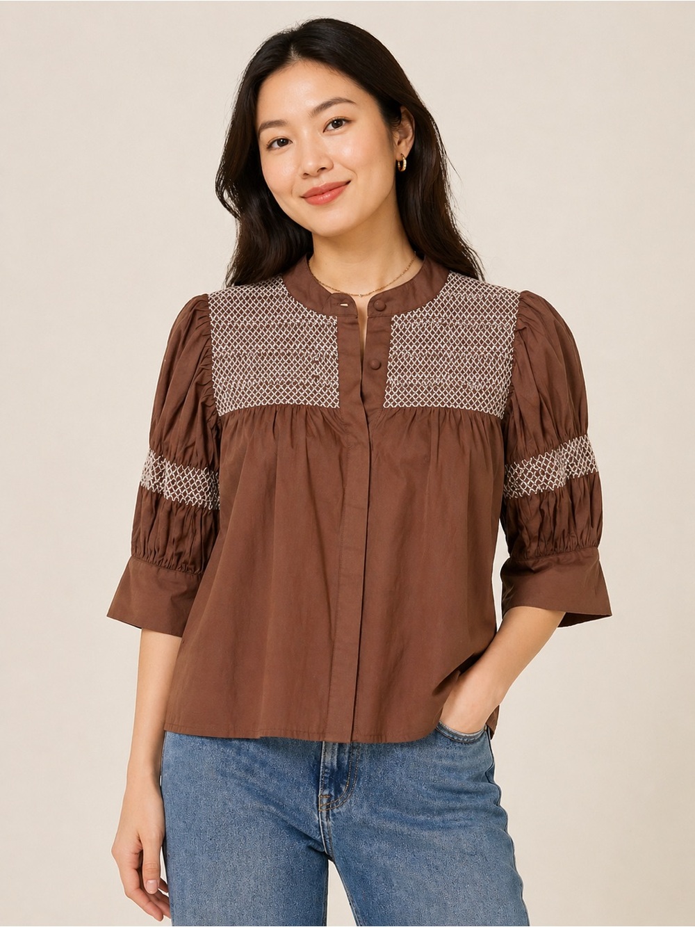 Laroque Brown Mocha Sutton Embroidered Button Down Blouse Top size Small
